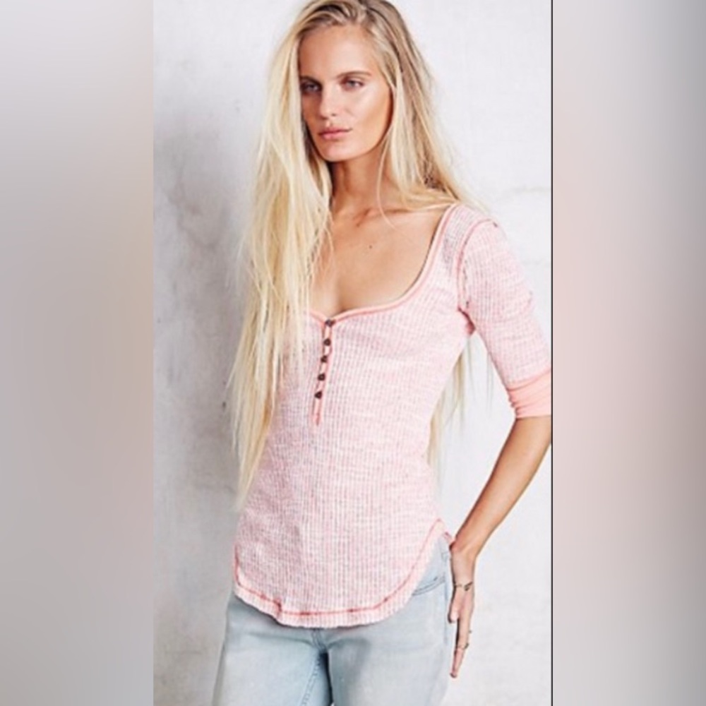 Free People Pink Rose Thermal Henley Lover Top ~ WE THE FREE